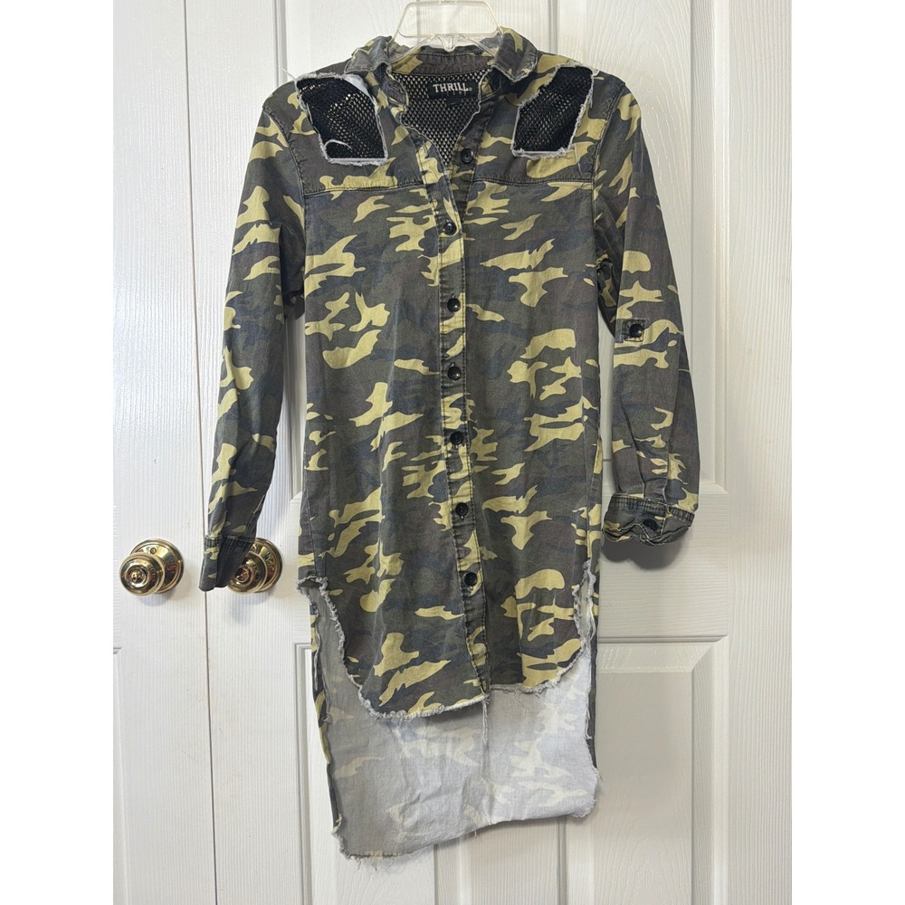Thrill Jeans Camo Print Distressed Mesh Cutout High Low Shirt Dress